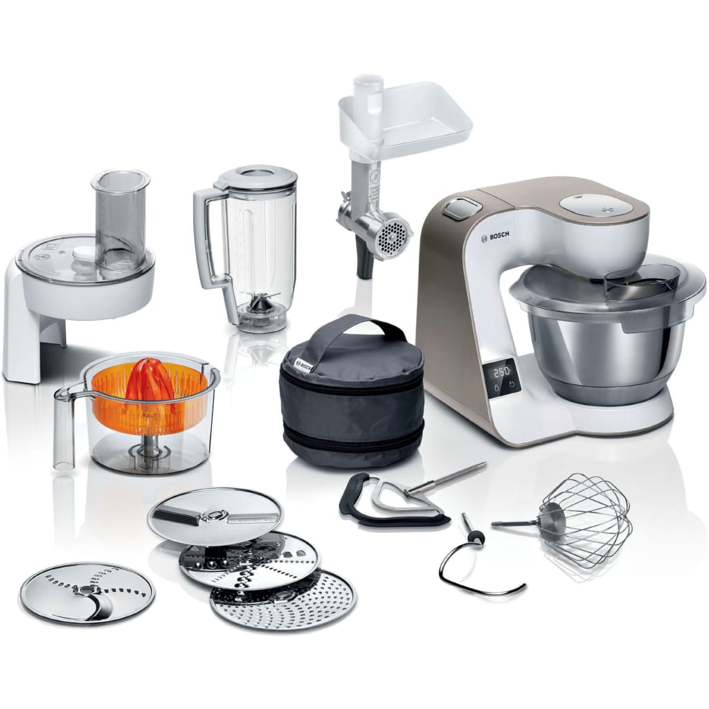BOSCH Küchenmaschine Serie 4 MUM5XW40, integr. Waage, Durchlaufschnitzler, weiß/champagner, 1000 W, 3,9 l Schüssel, 4 Scheiben, Mixer, Fleischwolf, Zitruspresse, Profi Patisserie-Set