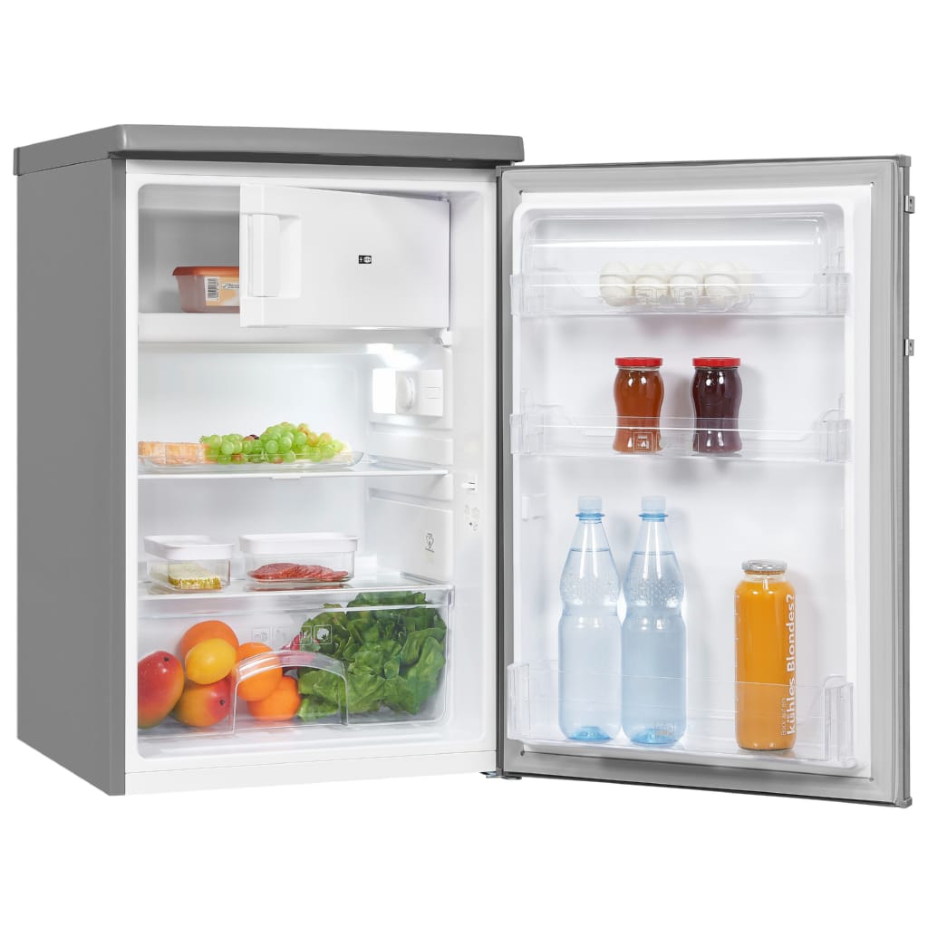 exquisit Kühlschrank KS16-4-HE-040E inoxlook, 85,5 cm hoch, 55 cm breit, Platzsparend & praktisch: 109 L Mini-Kombi mit Gefrierfach