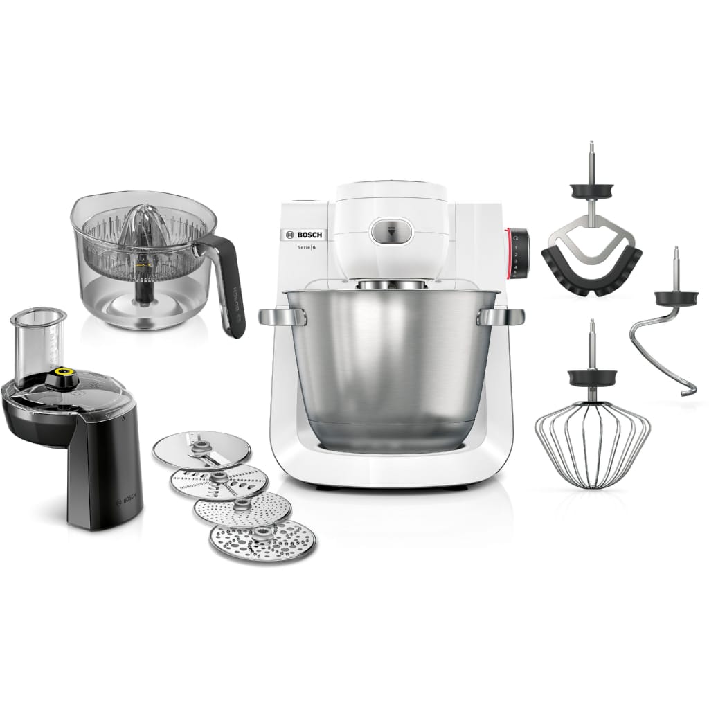BOSCH Küchenmaschine Serie 6 MUMS6EW24D, Durchlaufschnitzler, Edelstahlschüssel, weiß, 1600 W, 5,5 l Schüssel, Durchlaufschnitzler, XL-Edelstahlschüssel, Patisserie-Set, made in EU